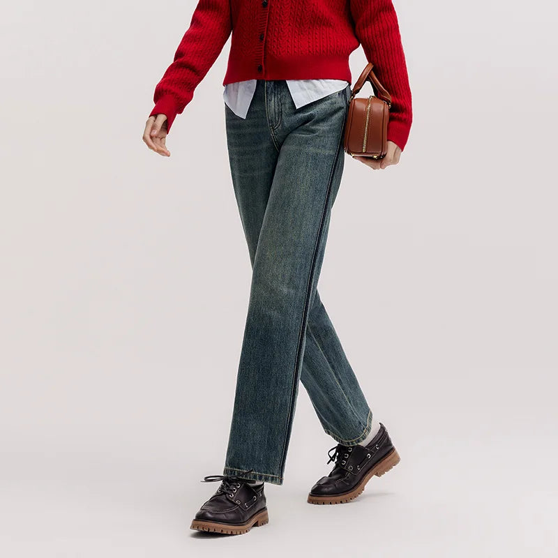 Semir Jeans Women 2026 Spring Half Elastic Waist Straight Pants Casual Fashion Trendy Trousers