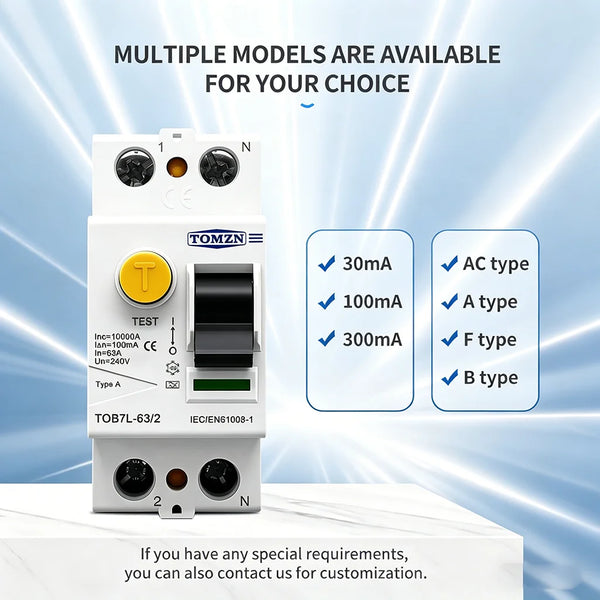TOMZN Electromagnetic RCCB Residual Current Breaker – A/AC/B/F Type, 2P/4P, 40A/63A, 30/100/300mA, Anti-Electric Shock