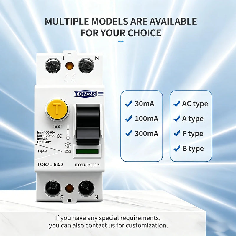 TOMZN Electromagnetic RCCB Residual Current Breaker – A/AC/B/F Type, 2P/4P, 40A/63A, 30/100/300mA, Anti-Electric Shock