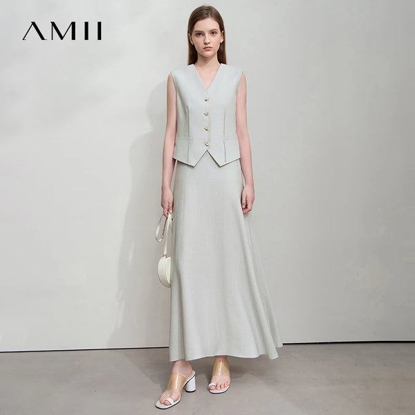 អាវក្រៅក V បែប Minimalist សម្រាប់នារីការិយាល័យរដូវក្តៅ AMII អាវកាក់រឹង សំពត់វែងដាច់ដោយឡែកពីគ្នា សម្លៀកបំពាក់នារី 12542277