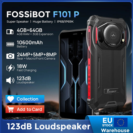 FOSSiBOT F101P Smartphone 10600 mAh Battery 4GB+64GB 24MP Cell Phone Large Speaker IP68/IP69 Waterproof Mobile Phone