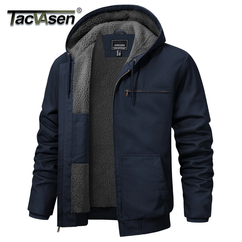 TACVASEN Men's Hooded Work Sherpa Insulated Jacket Winter Fleece Lined Duck Heavy Duty Canva Cotton Coat with Hoodie Waterproof
