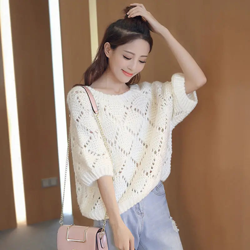Spring Fall New Korean Ladies Sweaters Loose Casual Solid Color Sweater Half Sleeve Women's Top Pullover Femme Bottoming Shirt