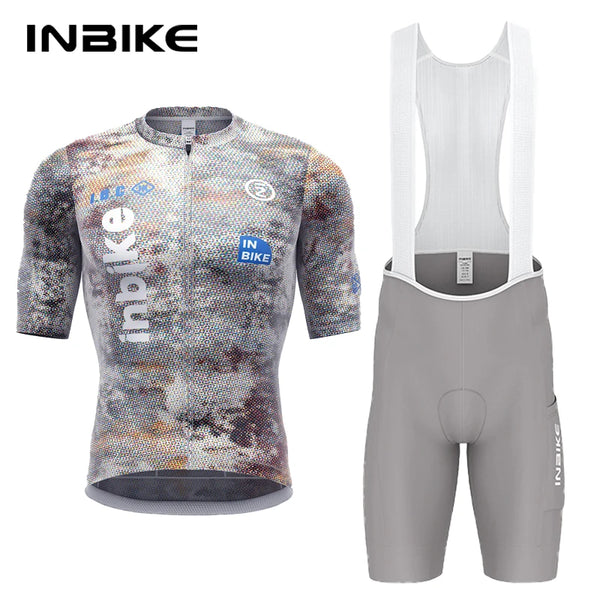 INBIKE Pro Men's Road Bike Jersey Bib Pants Set Breathable Quick Dry Summer Cycling Short Sleeve Top Clothing with Multi-Pockets