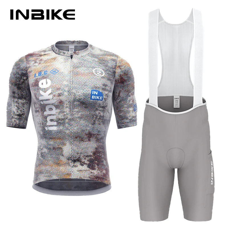 INBIKE Pro Men's Road Bike Jersey Bib Pants Set Breathable Quick Dry Summer Cycling Short Sleeve Top Clothing with Multi-Pockets