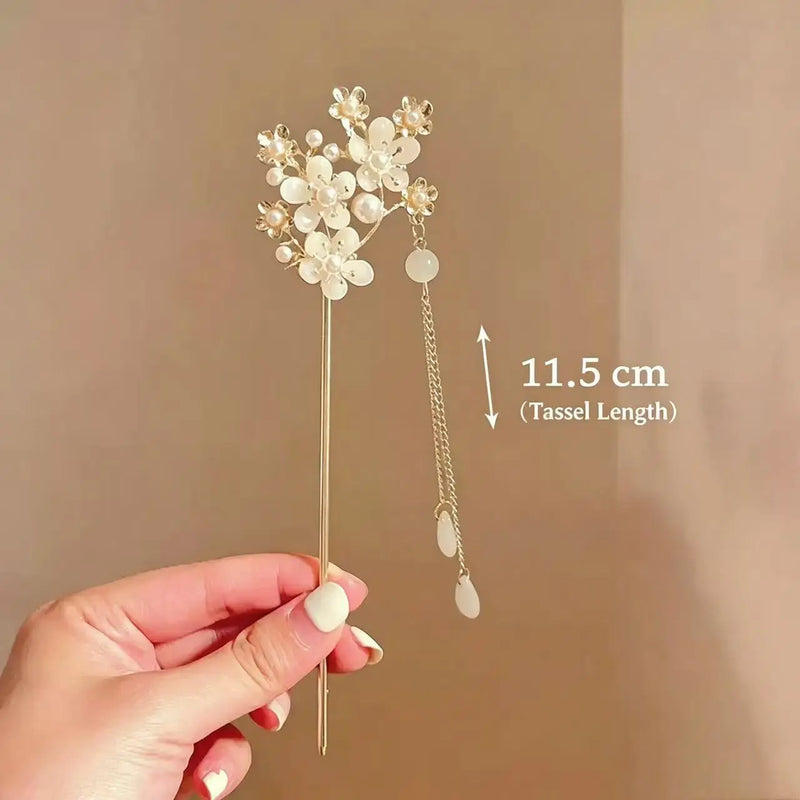 New Chinese Style Flower Tassel Hairpin, Pearl Hair Stick, Elegant Vintage Hair Fork Women Wedding Hair Accessory