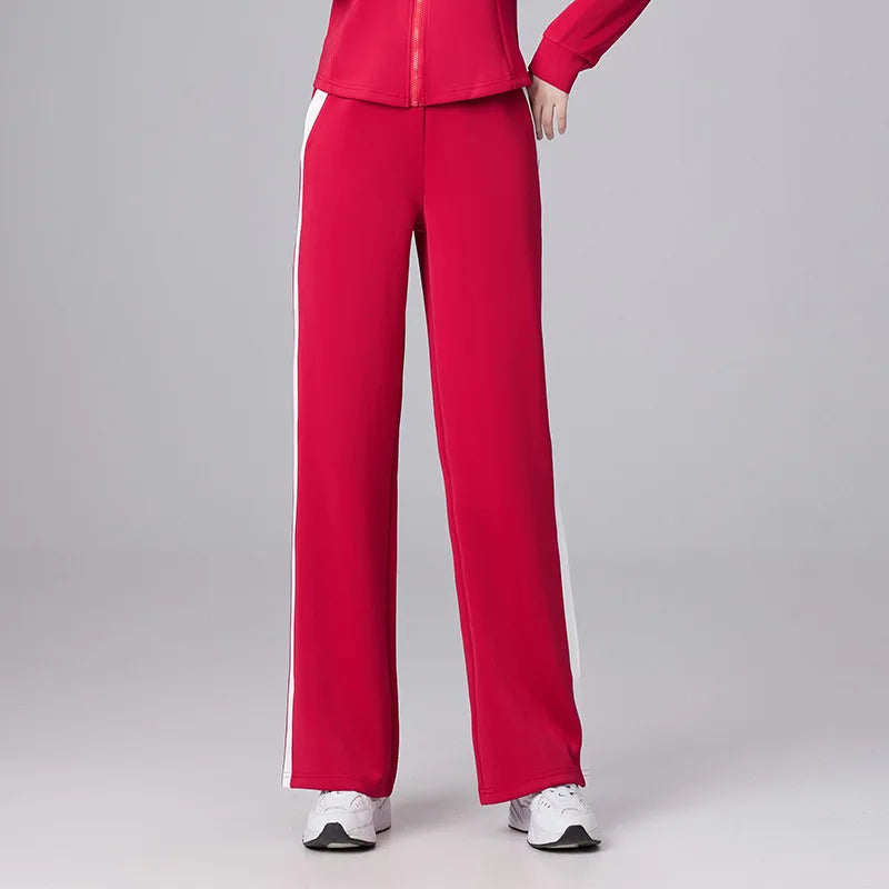 Women's Red Two-piece Sports Set for Spring and Fall, Featuring A Jacket with White Stripes and Matching Pants, Asian Sizes 6XL.