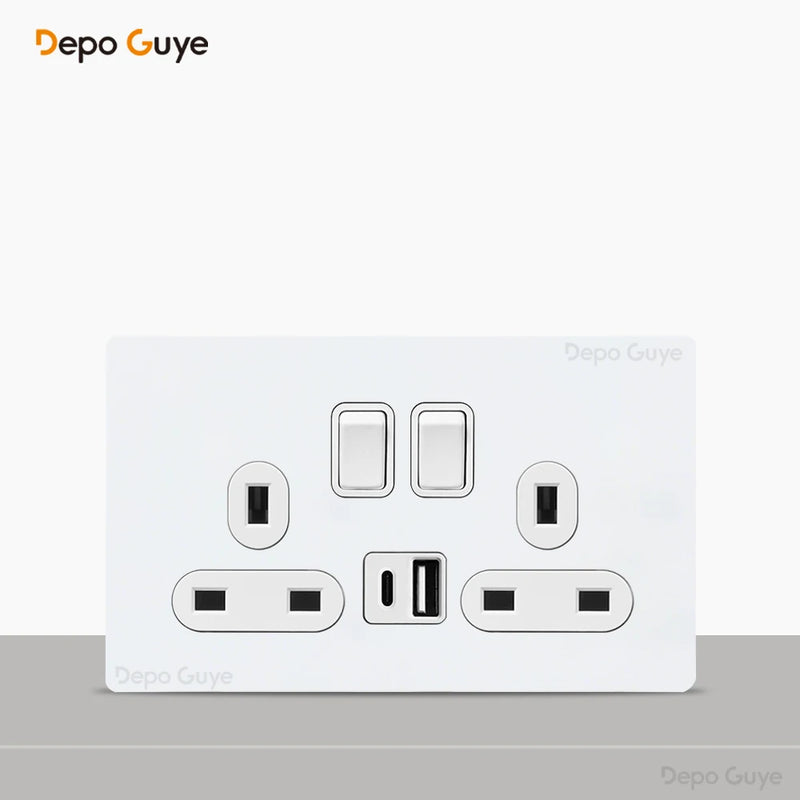 Toggle Switch White Stainless Steel Panel Retro Lever Switch AC110-250V 1 2 3 4Gang 2Way Wall light Switch Dual EU/France Socket
