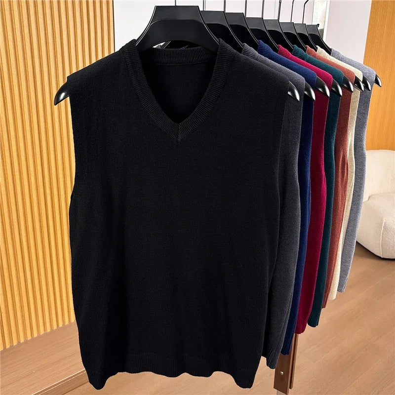 Fall Mens V Neck Knitted Waistcoat Sleeveless Sweater Vest Comfortable Knit Top For Business Daily Outfit Matching