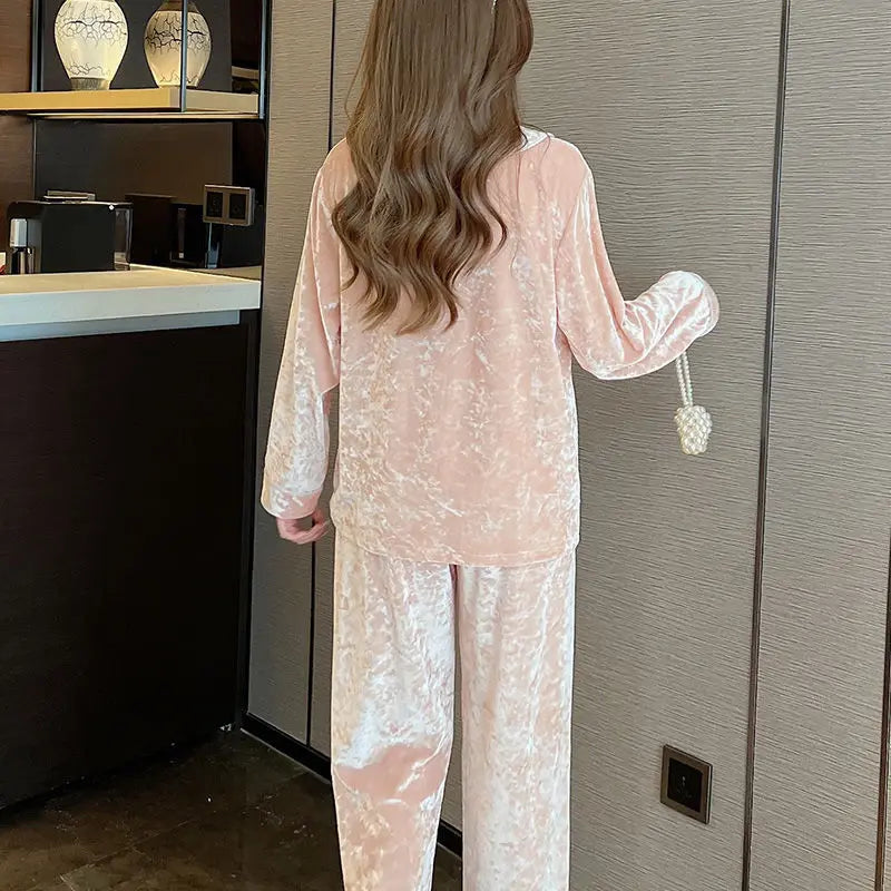 New Elegant Lapel Winter Pajamas Women Warm Gold Velvet Bead Buttons Long Sleeve Tops Pant Set Pyjama Pour Femme Home Clothing