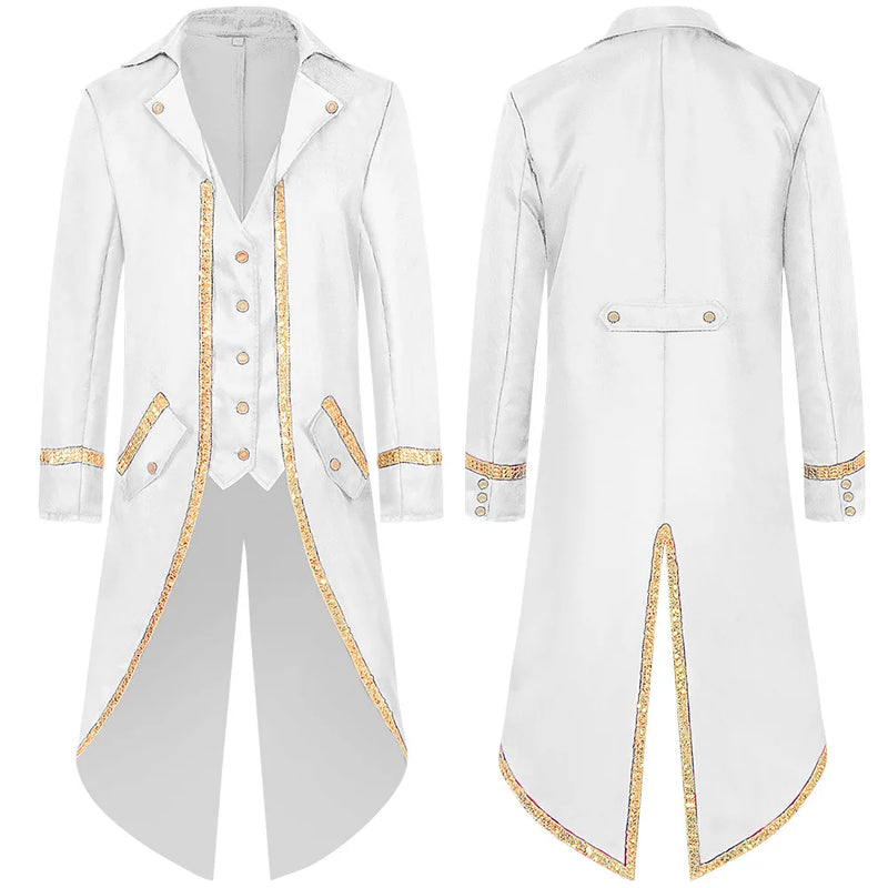 Blue Men's Halloween Trench Coat, Gold-trimmed Tailcoat with Patchwork Detailing, Medieval Mid-length Jacket, Punk-style Tops