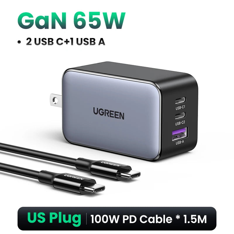 UGREEN 65W GaN Charger Quick Charge 4.0 3.0 USB C Charger for iPhone 18 17 16 Pro Max Laptop Macbook Air Tablet PD Fast Charger