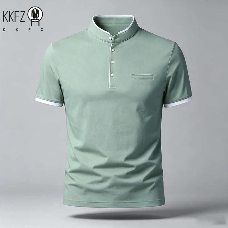 Men Regular Fit Short Sleeve Polo Shirt Stand Collar Chest Pocket For Office Business Look And City Street Daily Wear