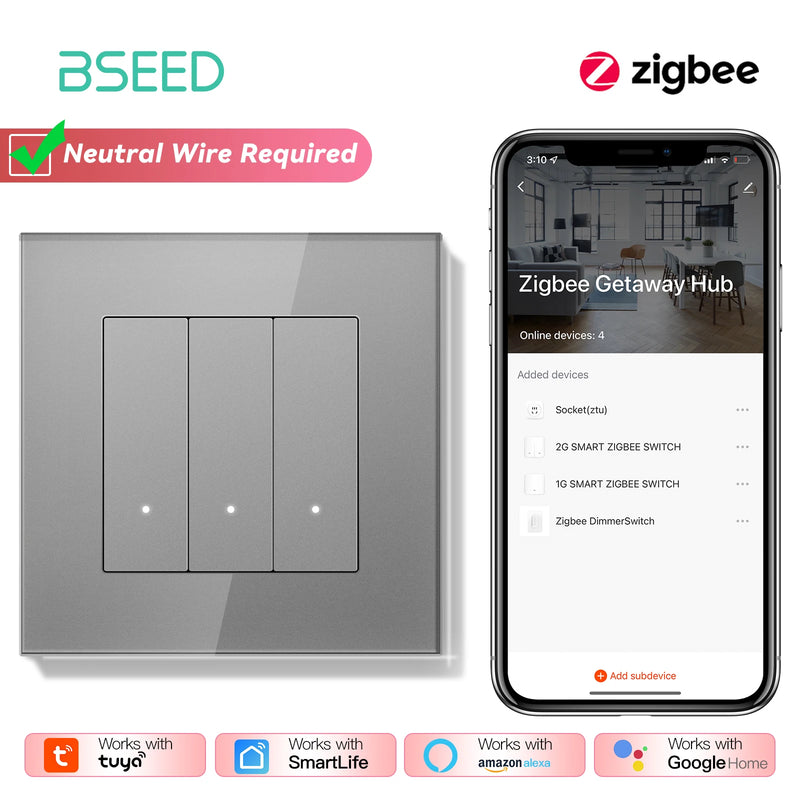 BSEED 1/2/3/4Gang Zigbee Smart Click Button Switch With EU Socket Glass Panel White LED Indicator Tuya Smart Life Alexa Control