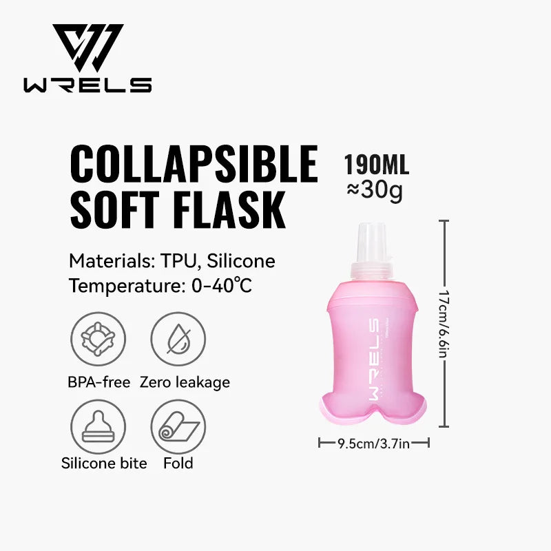 WRELS Soft Flask BPA Free TPU Collapsible Water Bottle Lightweight Foldable Hydration Bottle Wide Mouth Running Squeeze Bottle