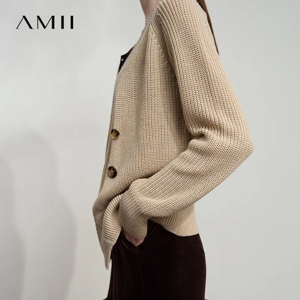 AMII Minimalist Elegant Woman Cardigan 2026 Autumn French V-Neck Raglan Asymmetrical Tops Loose Casual Knit Cardigans 12523010