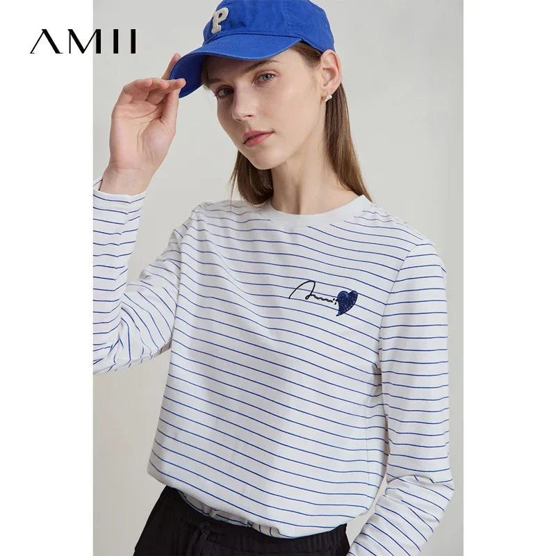 អាវយឺតដៃវែង Amii Minimalist សម្រាប់ស្ត្រី រដូវស្លឹកឈើជ្រុះឆ្នាំ ២០២៥ កអាវមូលថ្មី កប្បាសឆ្នូតប៉ាក់ សម្រាប់ស្ត្រី 12511094