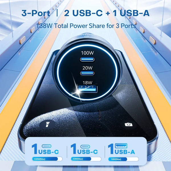 ឆ្នាំងសាករថយន្ត 138W USB Type C រន្ធពីរ USB ឆ្នាំងសាកទូរស័ព្ទលឿន PD សាកថ្មលឿនសម្រាប់ iPhone 14 Samsung Xiaomi iPad កុំព្យូទ័រយួរដៃ ថេប្លេត