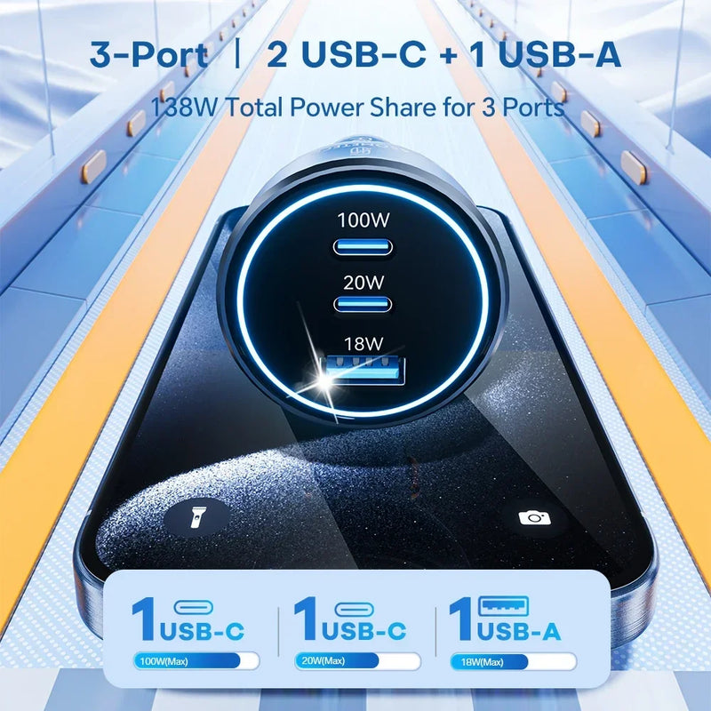 ឆ្នាំងសាករថយន្ត 138W USB Type C រន្ធពីរ USB ឆ្នាំងសាកទូរស័ព្ទលឿន PD សាកថ្មលឿនសម្រាប់ iPhone 14 Samsung Xiaomi iPad កុំព្យូទ័រយួរដៃ ថេប្លេត