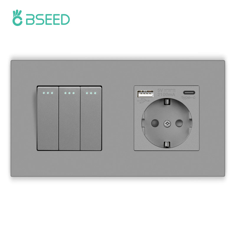 BSEED Mechanical Button Switches With Power Socket 1/2/3Gang 1Way Plastic Panel Electrical Outlets USB Type-C Wall Socket 16A
