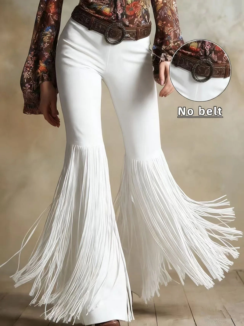 Women's Brown Flared Pants for Spring, Western-style Retro Trousers with Fringe Details, Available in Black, White, Burgundy.