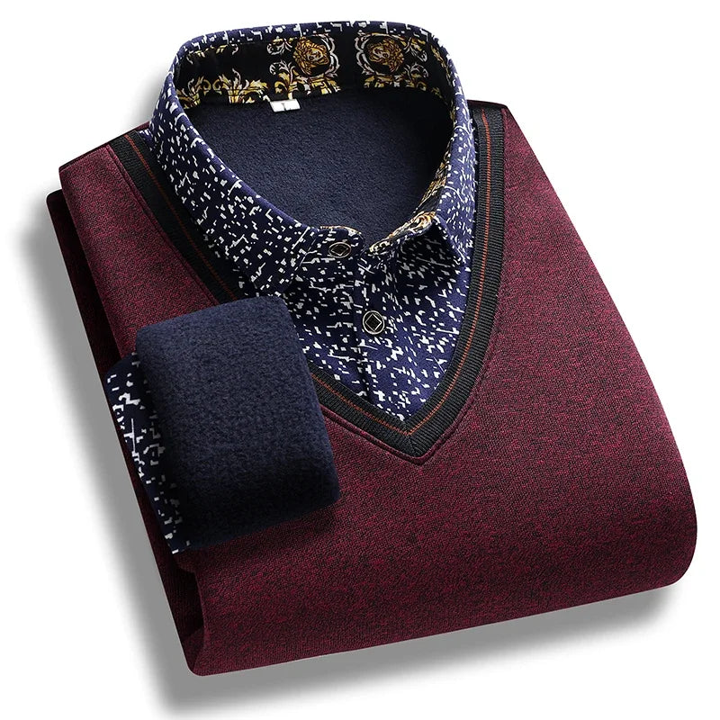 V Neck Piping Detail Fake Two Piece Shirt Men Fleece Lined Printed Collar Long Sleeve Travel and Family Gathering Wear