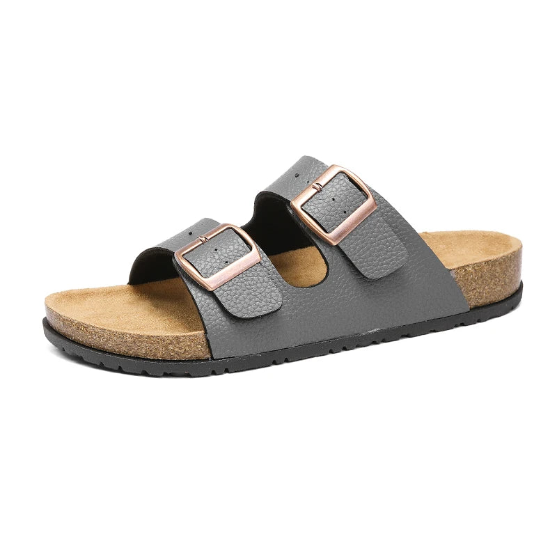 Men's Adjustable Double Buckle Cork Footbed Slide Sandals Casual Leather Open Toe Flat Slip on Summer Walking Beach Slide Shoes
