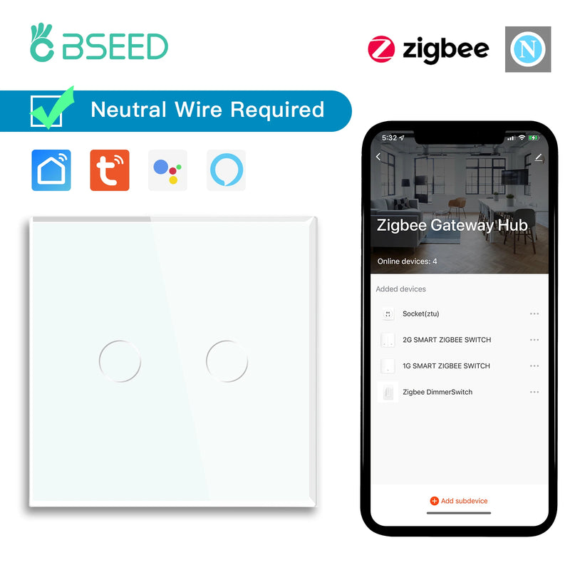 BSEED Zigbee Touch Switch 1/2/3Gang 1/2/3Way Smart Wall Switch Tuya Google Home App Alexa Voice Control Need Neutral Wire