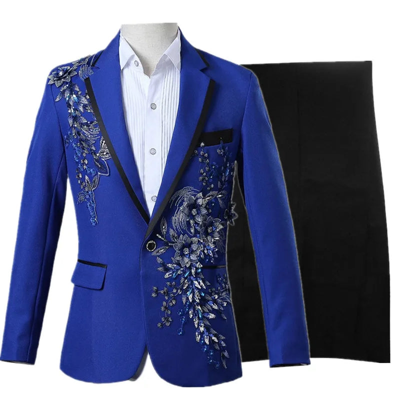 Men's White Standing Lapel Suit Two-Piece, Chinese Style Long Sleeve Jacket with Trousers, Blue Red Black Optional, Asian Size