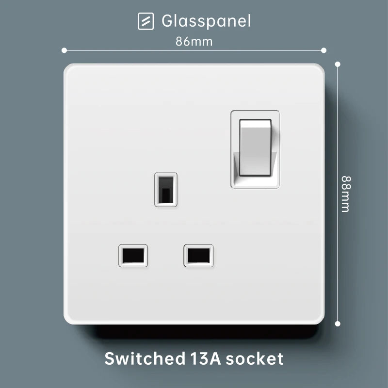 Luxury Skin Feeling Glass Wall Light Switch Button White UK Plug 13A Universal Wall 18W Type-C Fast Charging Socket