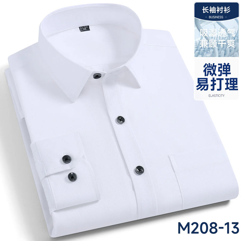 Men's Black Long-sleeve Plaid Shirt for Spring and Fall; Wrinkle-resistant, Quick-drying, Casual Stretch Shirt. White,Gray,Blue.