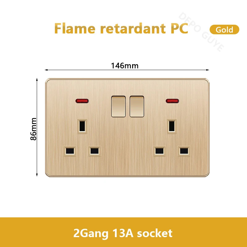 Gold Universal 3/5Pin Plastic Power Socket,UK Wall Outlet With 2.1A Dual USB Port,220V Electrical 2way Switch TV Computer CAT6