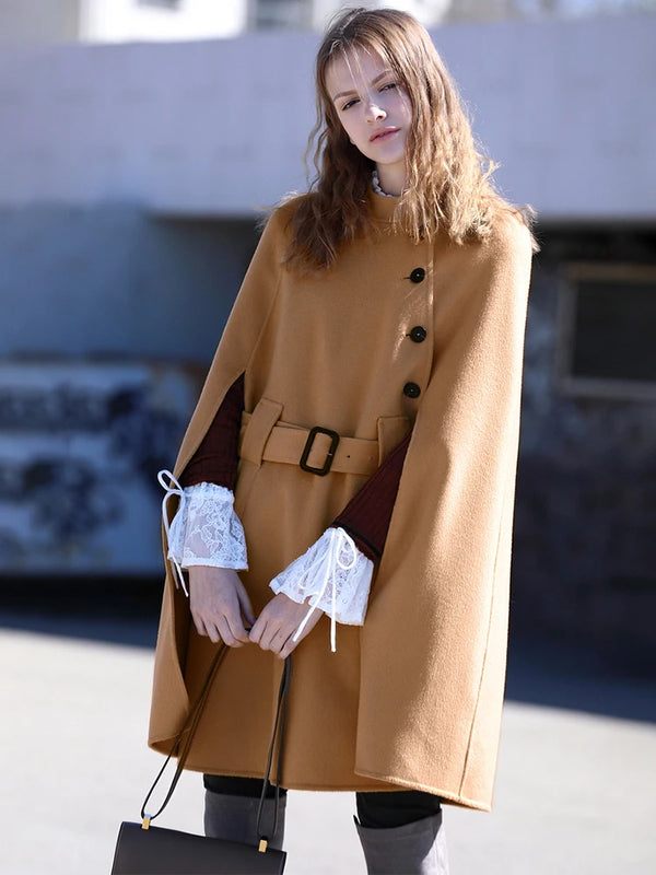 AMII Minimalist Female Blends 2026 Winter New Loose French Retro Wool Elegant Raglan Sleeve Simple Cape Coat For Women12354004
