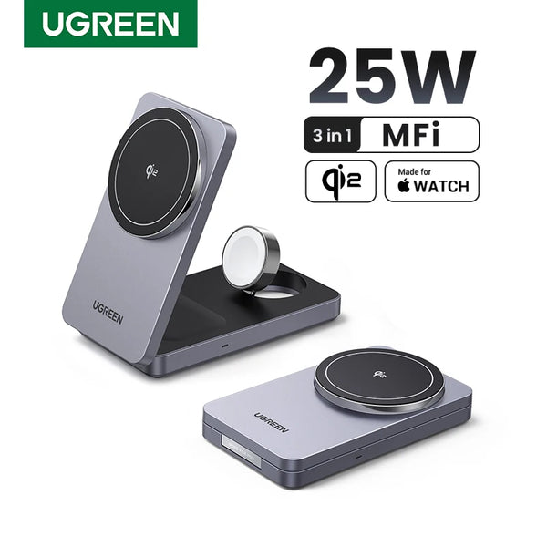 ឆ្នាំងសាកឥតខ្សែ UGREEN MFi 3-in-1 15W MAX ជើងទម្រសាកថ្មឥតខ្សែម៉ាញេទិក Qi2 សរុប 25W សម្រាប់ iPhone 16 17 Pro Apple Watch សម្រាប់ MagSafe