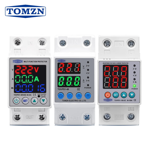 TOMZN Din Rail Dual Display Adjustable Over Under Voltage Current Protective Device Protector Relay 40A 63A 80A 100A 220V 230V