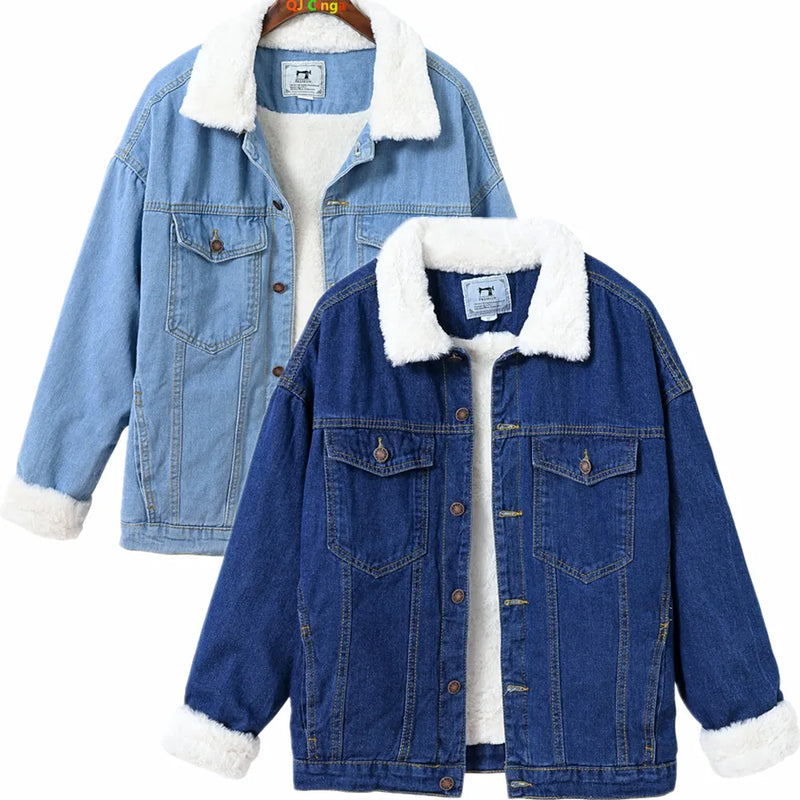 2026 Winter Deep Blue Women's Fleece-Lined Thickened Denim Jacket, Shearling-Lined Warm Casual Jacket. European Sizes S-XXXL