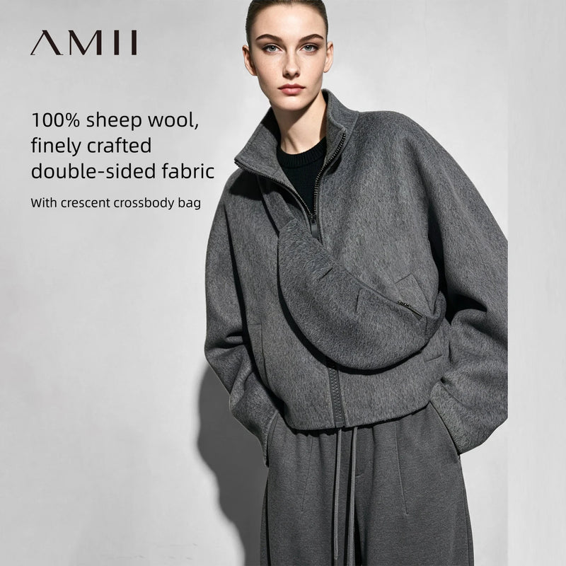Amii Women Double-Faced Wool Coat Stand Collar Oversized Winter Commuter Top with Bag 2026 Women's Short Coat 12624030