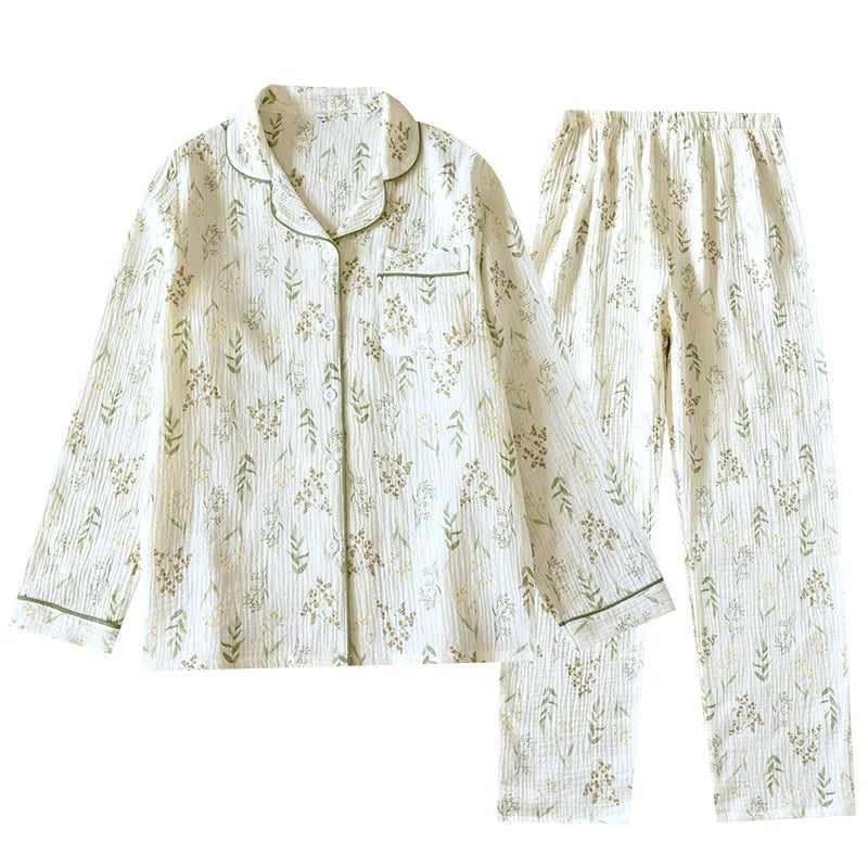 Nightwear 100% Cotton Women Pajama Printed Lapel Long Sleeve Trousers Sets Autumn Winter Home Wear Clothing Conjuntos De Pijama