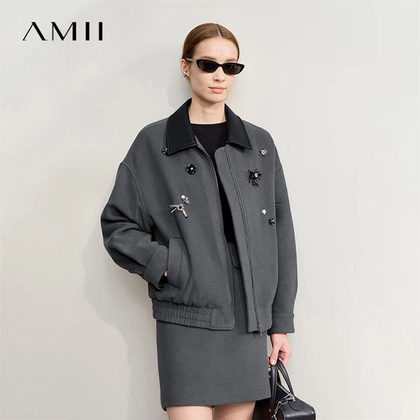 AMII Women's Jacket 2025 Winter New Loose Medium And Long PU Leather Top Female Lapel Warm Versatile Woolen Coat Woman 12554053