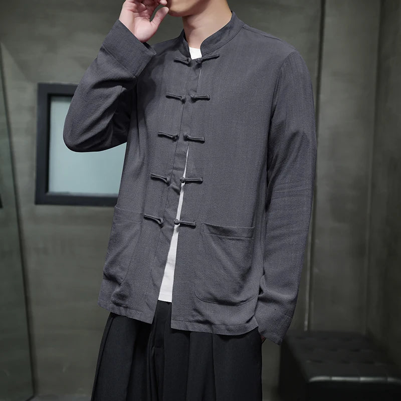 Chinese-style Men's Black Long-sleeve Shirt, Cotton-linen Blend Stand-up Collar Shirts, Available in Burgundy, Beige, Gray. 2026