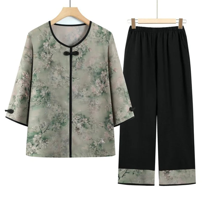 ឈុតគេងកប្បាសប៉ាក់ទំហំ XL-5XL សម្រាប់ស្ត្រីបោះពុម្ពបែបបុរាណ សម្លៀកបំពាក់ម្តាយវ័យកណ្តាល រដូវផ្ការីក រដូវស្លឹកឈើជ្រុះ ធម្មតា សម្រាប់គេងនៅផ្ទះ ឈុតពីរដុំ