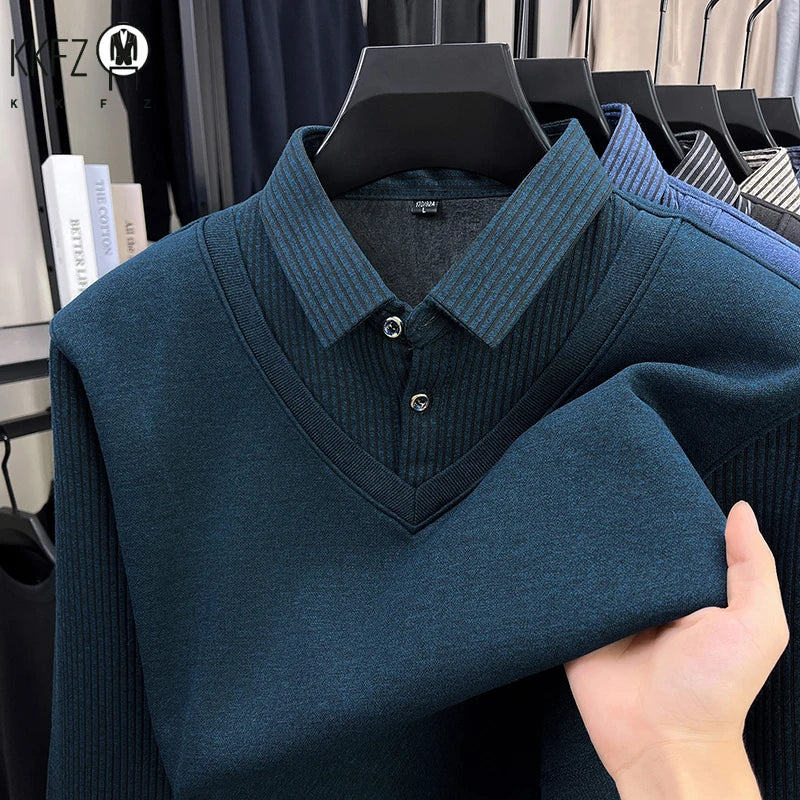 Thermal Warm Knit Sweater For Men Collared Fake Vest Elastic Cuff Full Fleece Lined Vertical Stripe Autumn Office Clothing