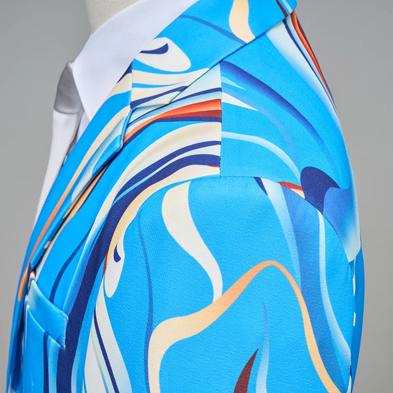 2026 New Men's Blue Printed Suit Set -Vibrant Blue&Colorful Print,Asian Sizes Two-Piece,Casual & Stylish Outfit for Daily Wear‌