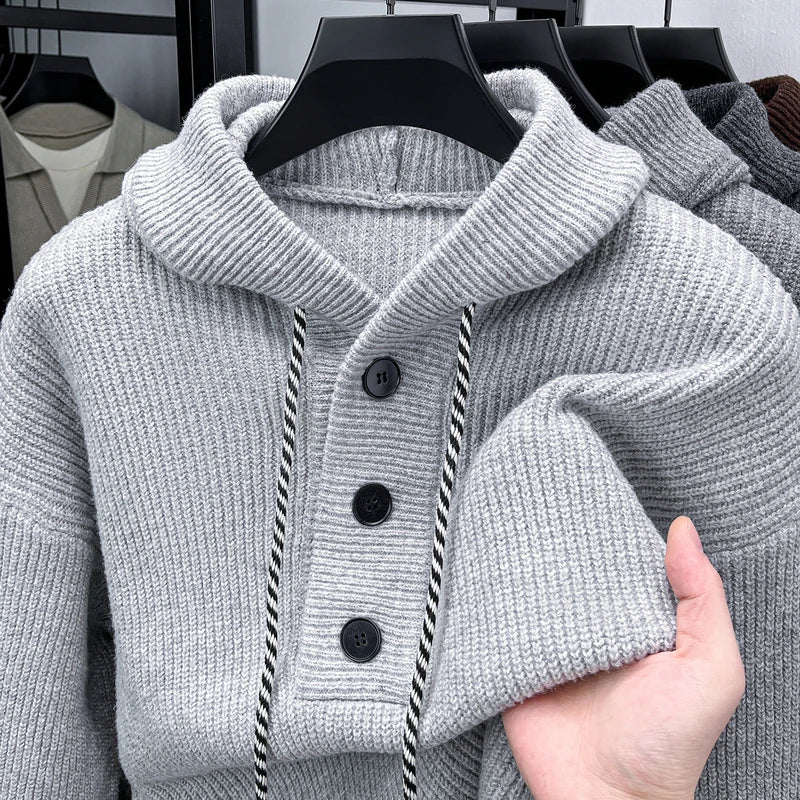 High-End Man Long Sleeved Knitted Sweatshirt Hooded Button Solid Color Not Easily Deformed Autumn Winter Casual Fashion MensWear