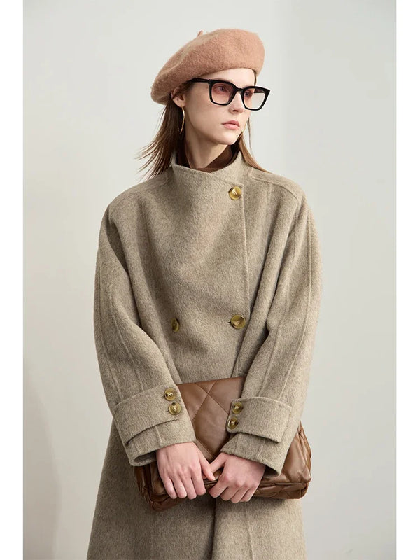 AMII Minimalism 100% Wool Double-sided Woolen Coat for Women 2026 Winter Commuter Raglan Sleeve Loose Long Outerwear 12424063