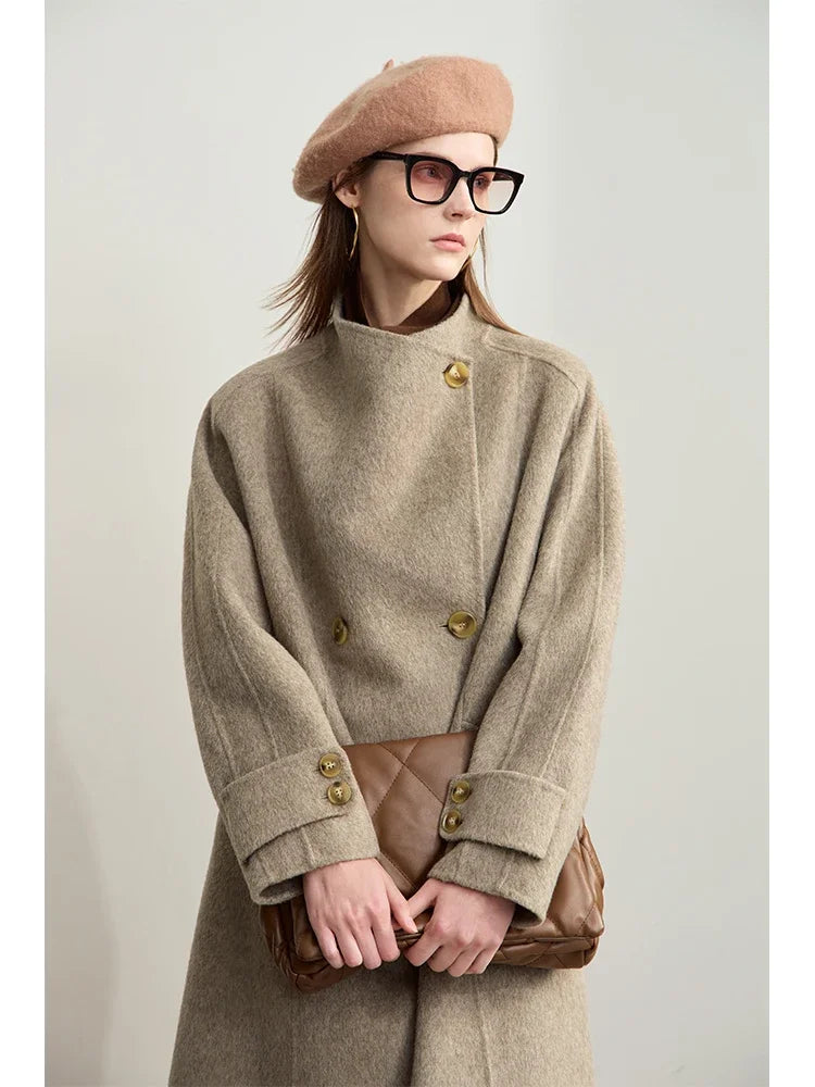 AMII Minimalism 100% Wool Double-sided Woolen Coat for Women 2026 Winter Commuter Raglan Sleeve Loose Long Outerwear 12424063