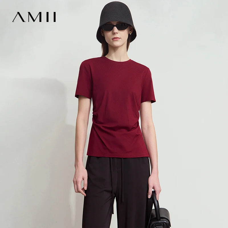 អាវយឺត Amii Minimalist សម្រាប់នារី ក O ផ្នត់ ចង្កេះតូច អាវយឺតប៉ាក់កប្បាស ប្រឆាំងបាក់តេរី 12522045