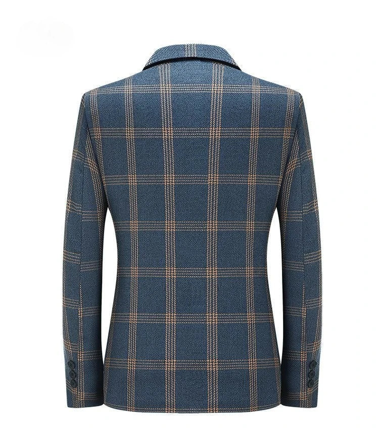 2026 New Men's Plaid Blazer – Classic Blue Checkered Suit Jacket, Slim Fit Business Casual Coat for Office, Wedding, Size M-4XL