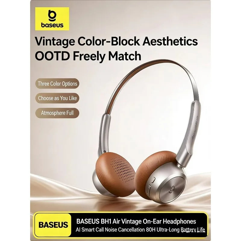 កាសស្តាប់ត្រចៀកប៊្លូធូស BASEUS BH1 Air Retro ជាមួយនឹងការកាត់បន្ថយសំឡេងរំខានសកម្មសម្រាប់កុំព្យូទ័រ កាសស្តាប់លេងហ្គេមសម្រាប់អ្នកលេងហ្គេម