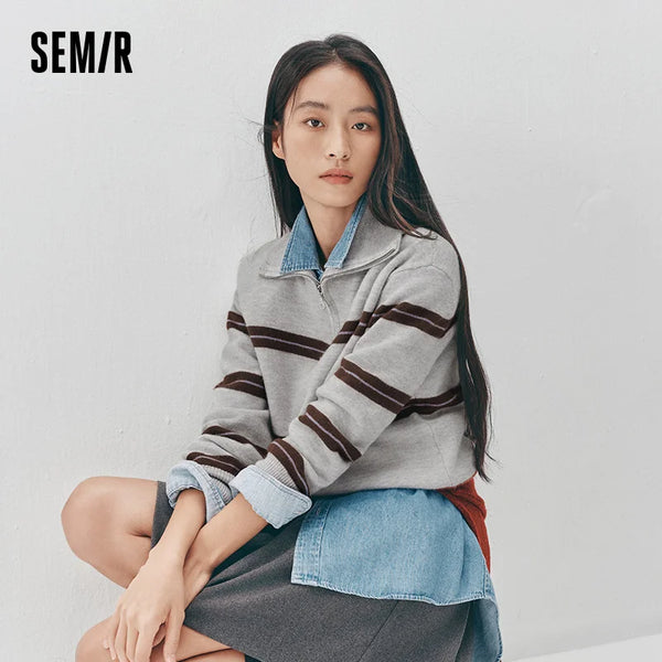 អាវយឺត Semir សម្រាប់នារី លំនាំឆ្នូត ពាក់កណ្ដាលហ្ស៊ីប រលុង ស្ទីលបែប Retro ទន់ ពាក់ជាស្រទាប់ៗសម្រាប់រដូវរងា ឆ្នាំ២០២៦ ស្លៀកជាប្រចាំថ្ងៃ ពាក់ជាស្រទាប់ៗ ក្តៅៗ